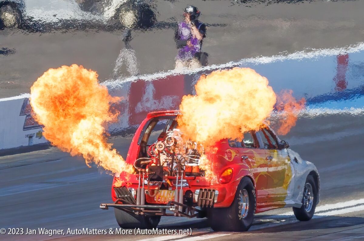 PT Cruiser dragster returning from an exhibition run.