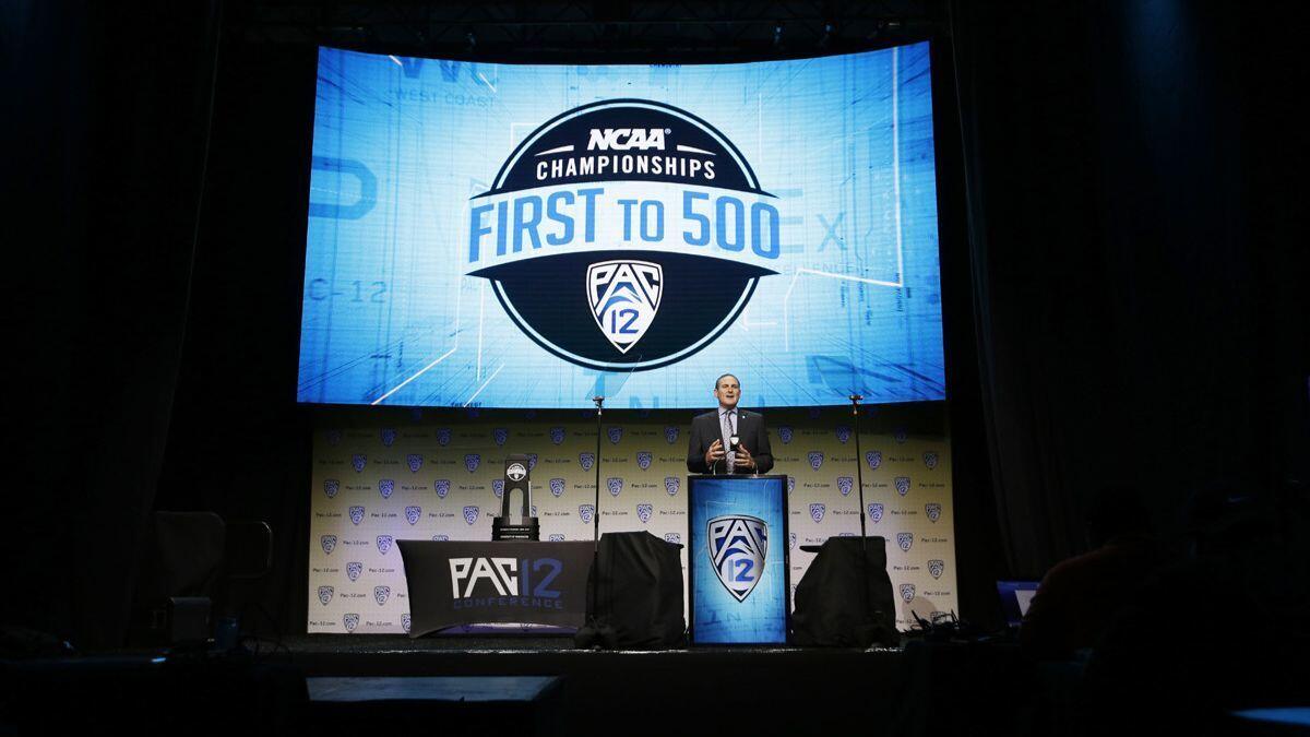 Commissioner Larry Scott at Pac-12 Football Media Day in the Ray Dolby Ballroom at Hollywood & Highland Center on Wednesday.