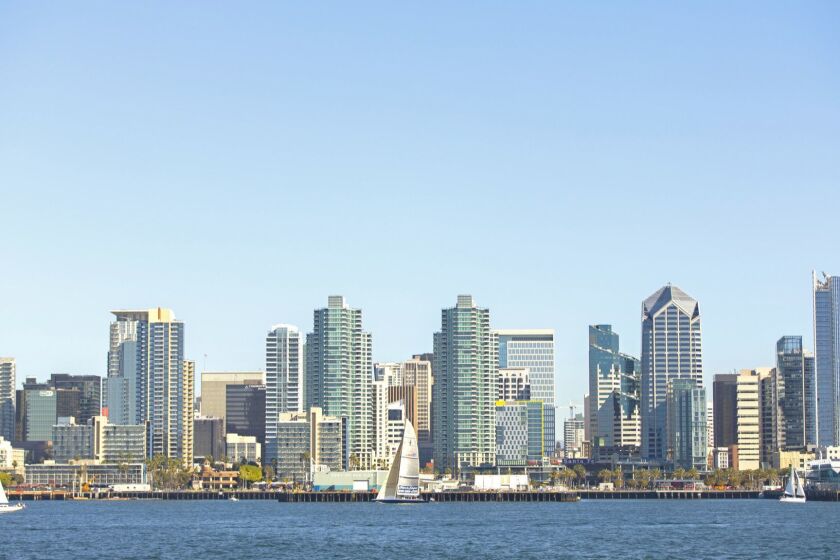 SAN DIEGO - SATURDAY, JANUARY 19, 2019: Downtown San Diego from aboard Hornblower's Whale Watching Cruises on January 19, 2019. (Calvin B. Alagot / Los Angeles Times)