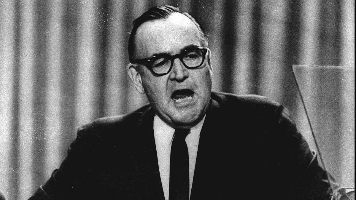 FILE - This Aug. 27, 1964 file photo shows California Gov. Edmund "Pat" Brown. The fall of 2014 marks the 50th anniversary of the Free Speech Movement, a protest that only lasted for three months but set the stage for the turbulent 1960s. (AP Photo, File) ** Usable by LA, DC, CGT and CCT Only **