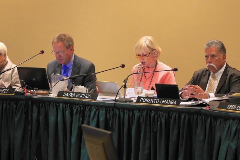 Coastal Commission Chairman Steve Kinsey, second from left, and Vice Chairwoman Dayna Bochco, third from left, were among the minority who voted not to fire Executive Director Charles Lester.