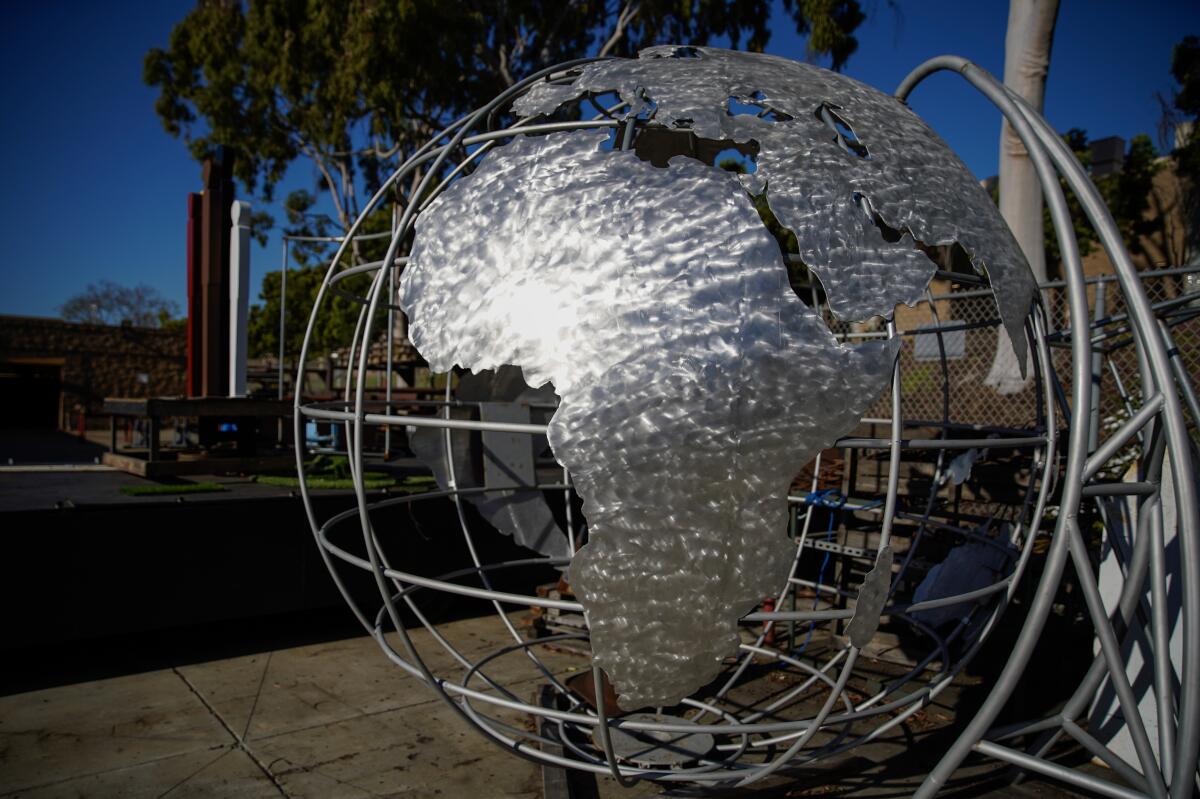 A globe made for San Diego's Martin Luther King Jr. parade in 2023 by welding students