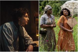 Split: left, Timothée Chalamet wears a white and blue vertical striped shirt and a black scarf; right, Fantasia Barrino 