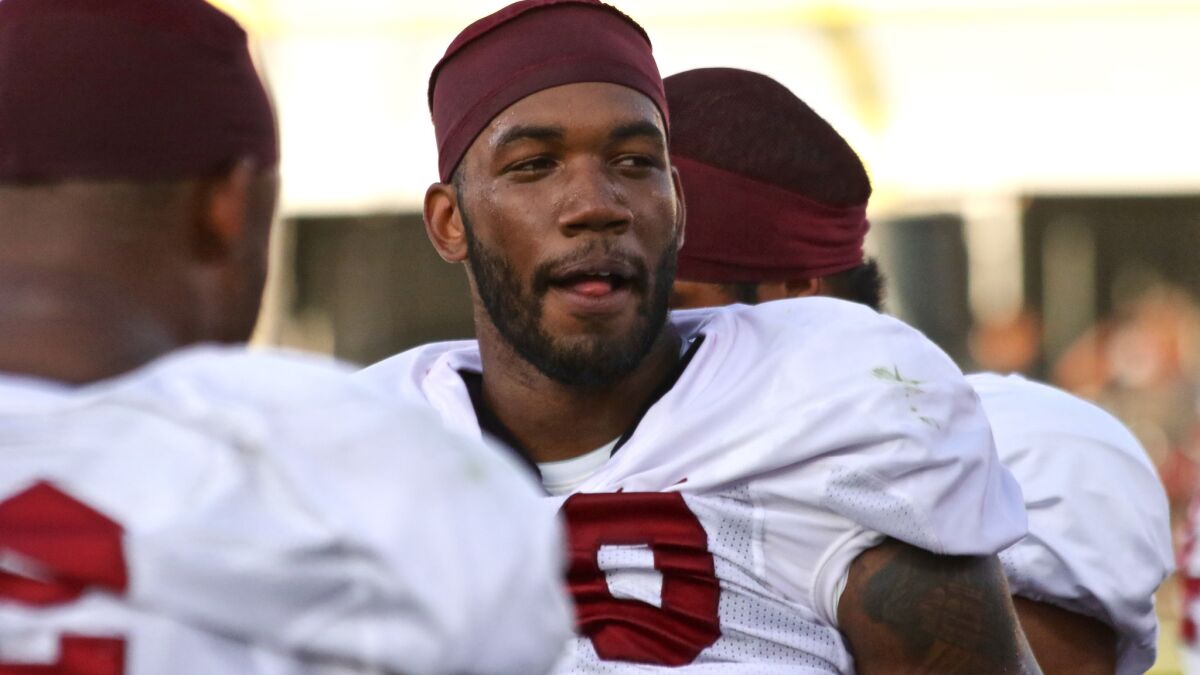 Linebacker Jabari Ruffin, shown during training camp, is being punished by USC for incident during Alabama game.
