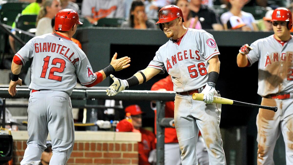 Angels second baseman Johnny Giavotella (12) is congratulated by teammates Kole Calhoun (56) and Mike Trout after scoring a run against the Orioles in the seventh inning Saturday.