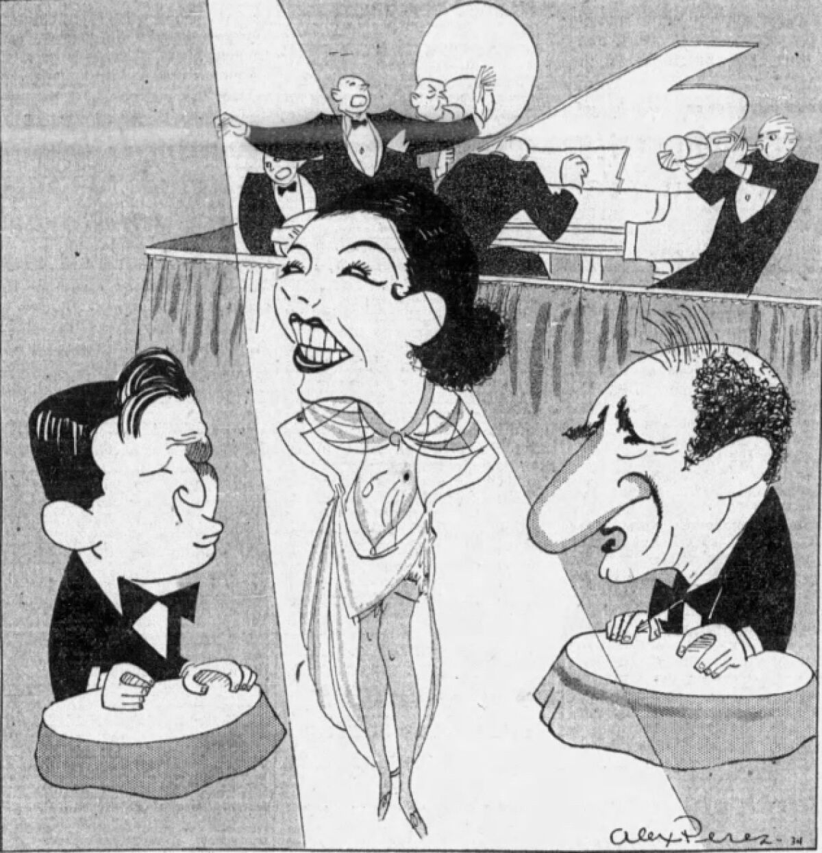 A caricature of two men and a woman in front of a band