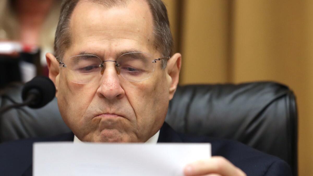 House Judiciary Committee Chairman Jerrold Nadler (D-N.Y.) reads news that President Trump will invoke executive privilege before a hearing to hold Atty. Gen. William Barr in contempt of Congress.
