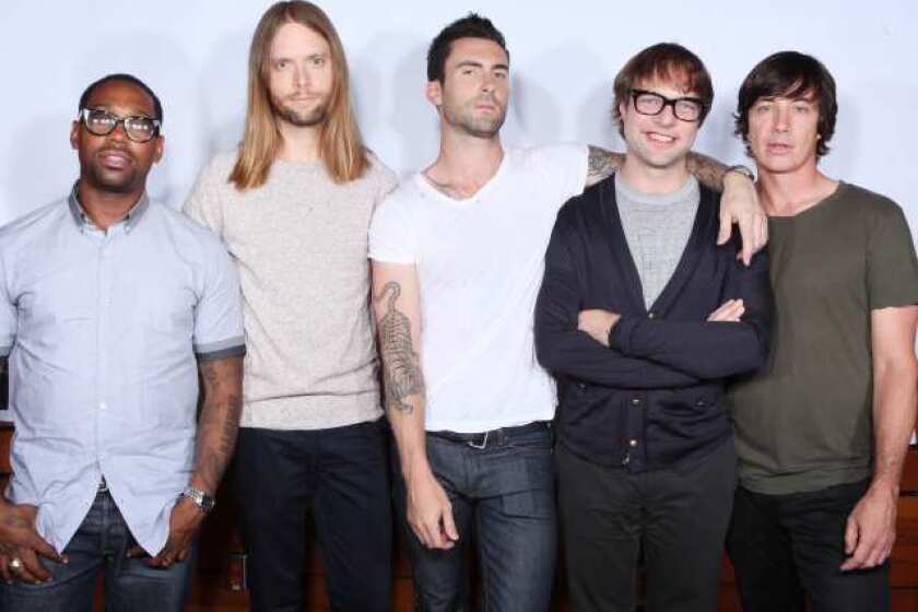 Maroon 5 band members from left, PJ Morton, James Valentine, Adam Levine, Mickey Madden and Matt Flynn at Conroy Studios June 14, 2012 in Los Angeles.