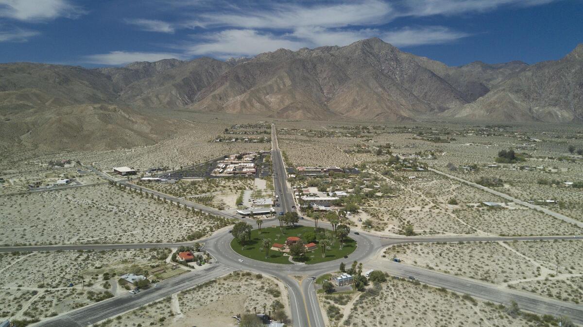 An aerial view looking west over Christmas Circle in Borrego Springs, Calif.