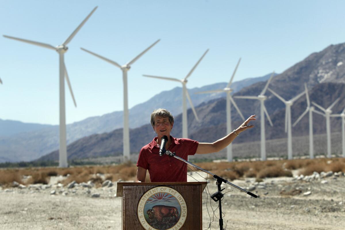 U.S. Interior Secretary Sally Jewell unveils the Desert Renewable Energy and Conservation Plan at the AES wind farm in the San Gorgonio Pass in Palm Springs on Tuesday.