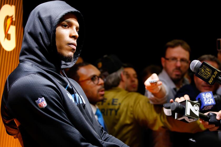 Cam Newton speaks to the media after the Super Bowl.
