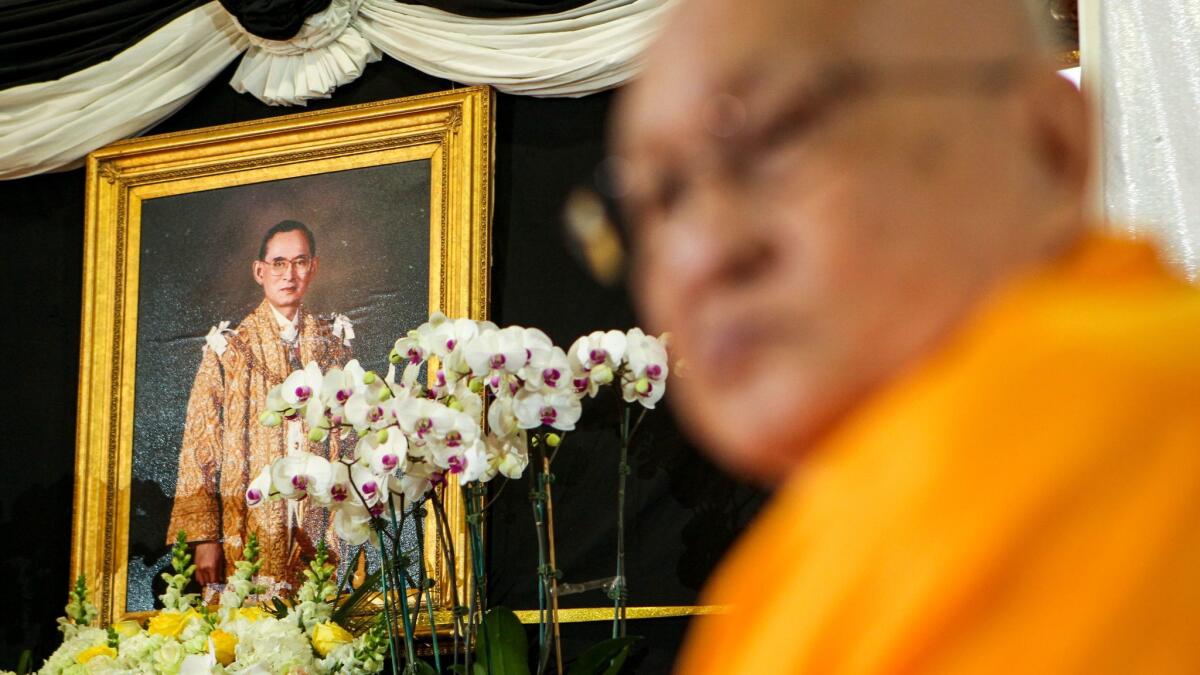 Thai community observe 100-day anniversary of King Bhumibol Adulyadej of Thailand at Wat Thai Temple in North Hollywood. King Bhumibol Adulyadej was the world's longest-reigning current monarch.