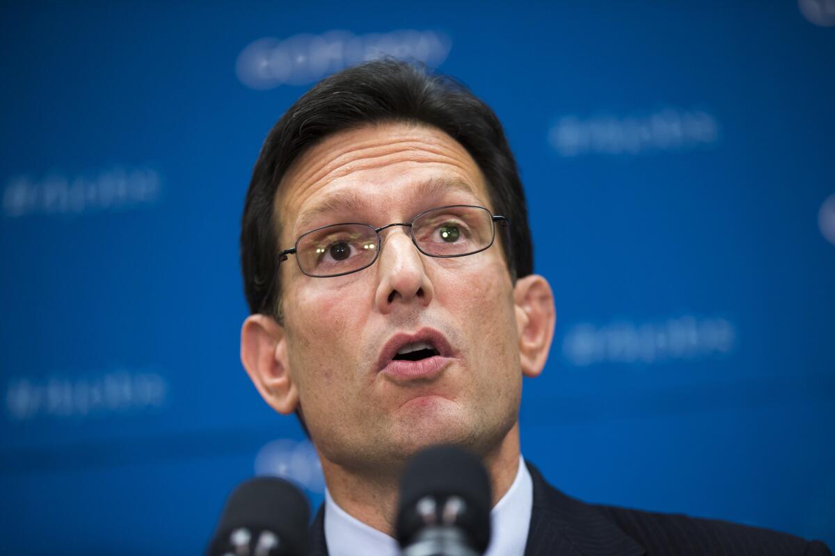 House Majority Leader Eric Cantor (R-Va.) talks to reporters after a Republican strategy session at the Capitol in Washington on Tuesday.