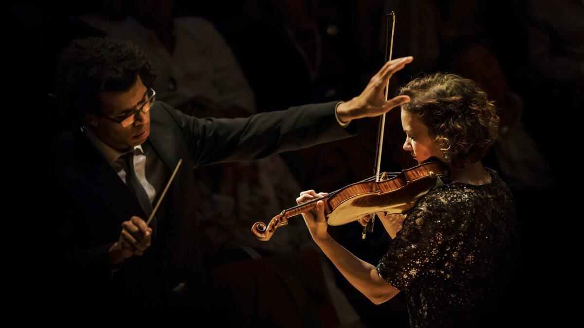 Violin soloist Hilary Hahn performs Leonard Bernstein's "Serenade" with the Los Angeles Philharmonic, conducted by Jonathon Heyward. https://lat.ms/2ATmNbA