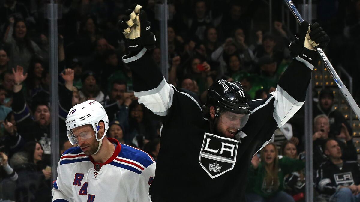 Anze Kopitar celebrates a goal against the New York Rangers on March 17.