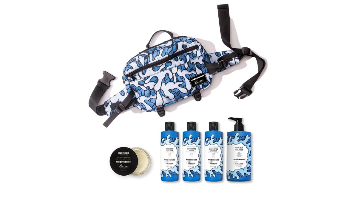The Hundreds X Baxter of California limited-edition Waves grooming set with waist pack featuring art by Aaron Kai and clay pomade, shampoo, conditioner, body wash and body lotion, $125 at baxterofcalifornia.com.