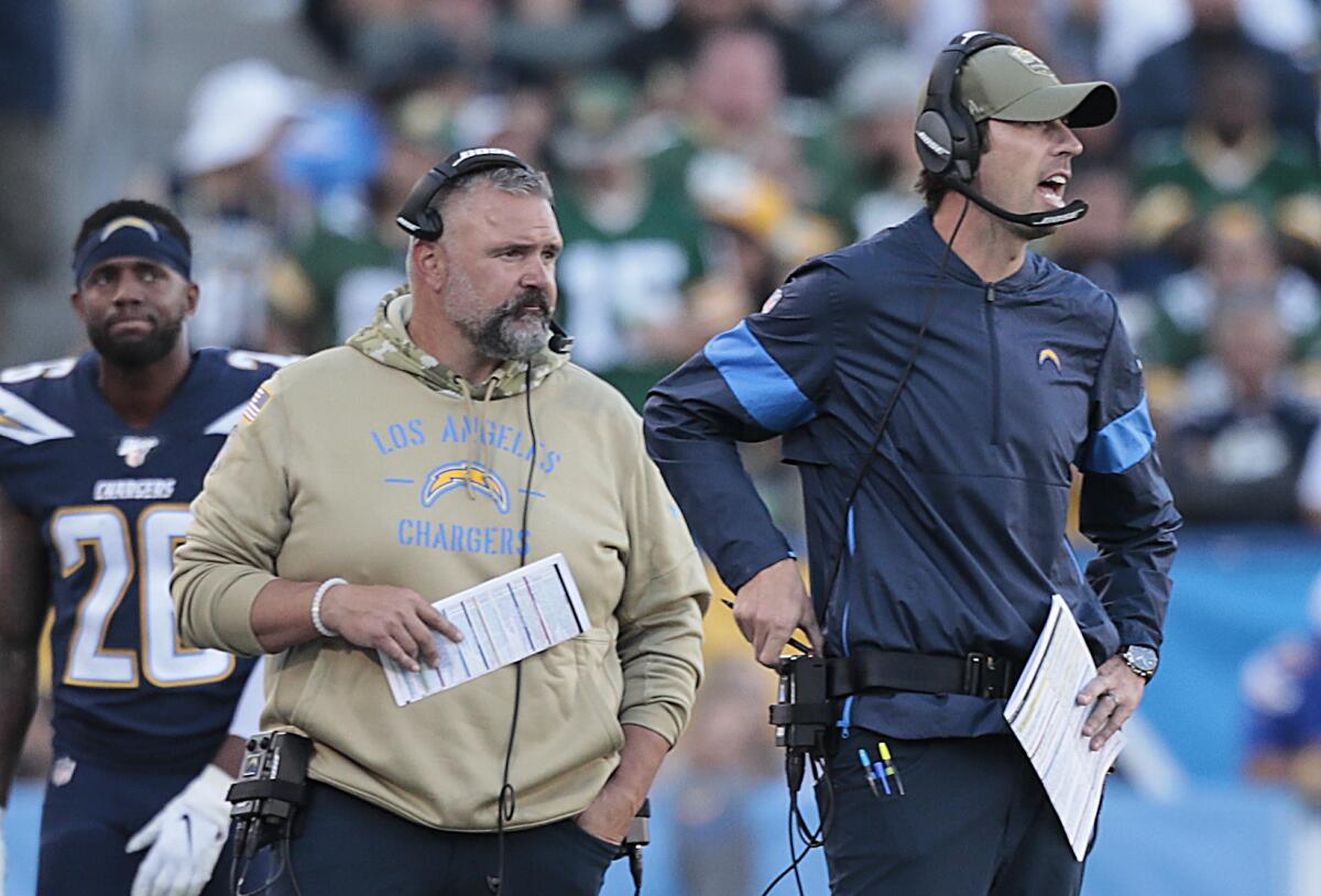 Chargers offensive coordinator Shane Steichen, right, calls plays against Green Bay in November 2019.