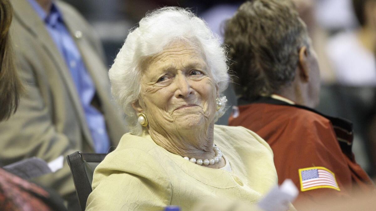 Former First Lady Barbara Bush during the third inning of a major league baseball game in Houston in 2009.