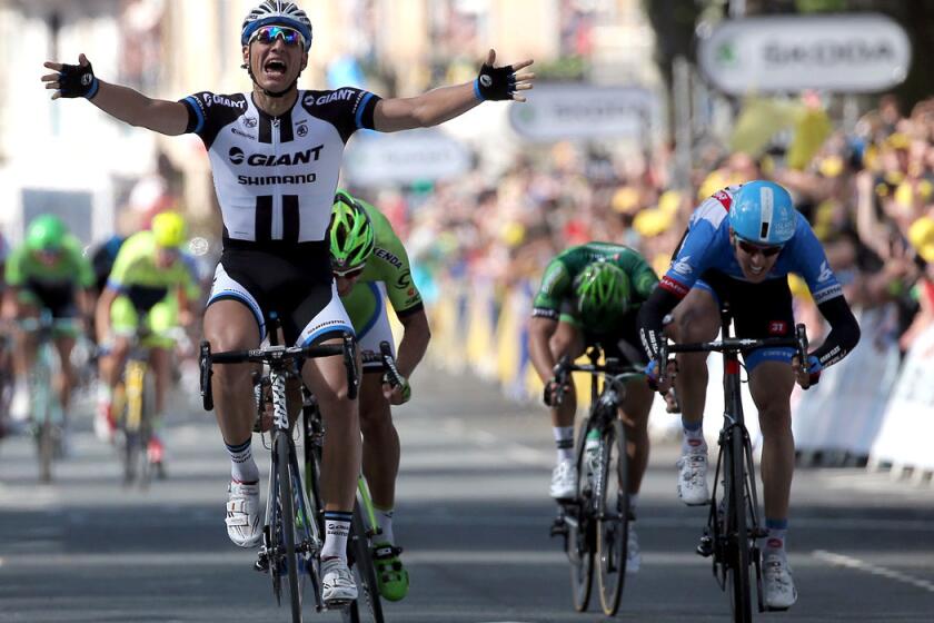 Marcel Kittel reacts after edging Peter Sagan, Ramunas Navardauskas and Bryan Coquard at the finish line in the opening stage of the Tour de France on Saturday in Harrogate, England.