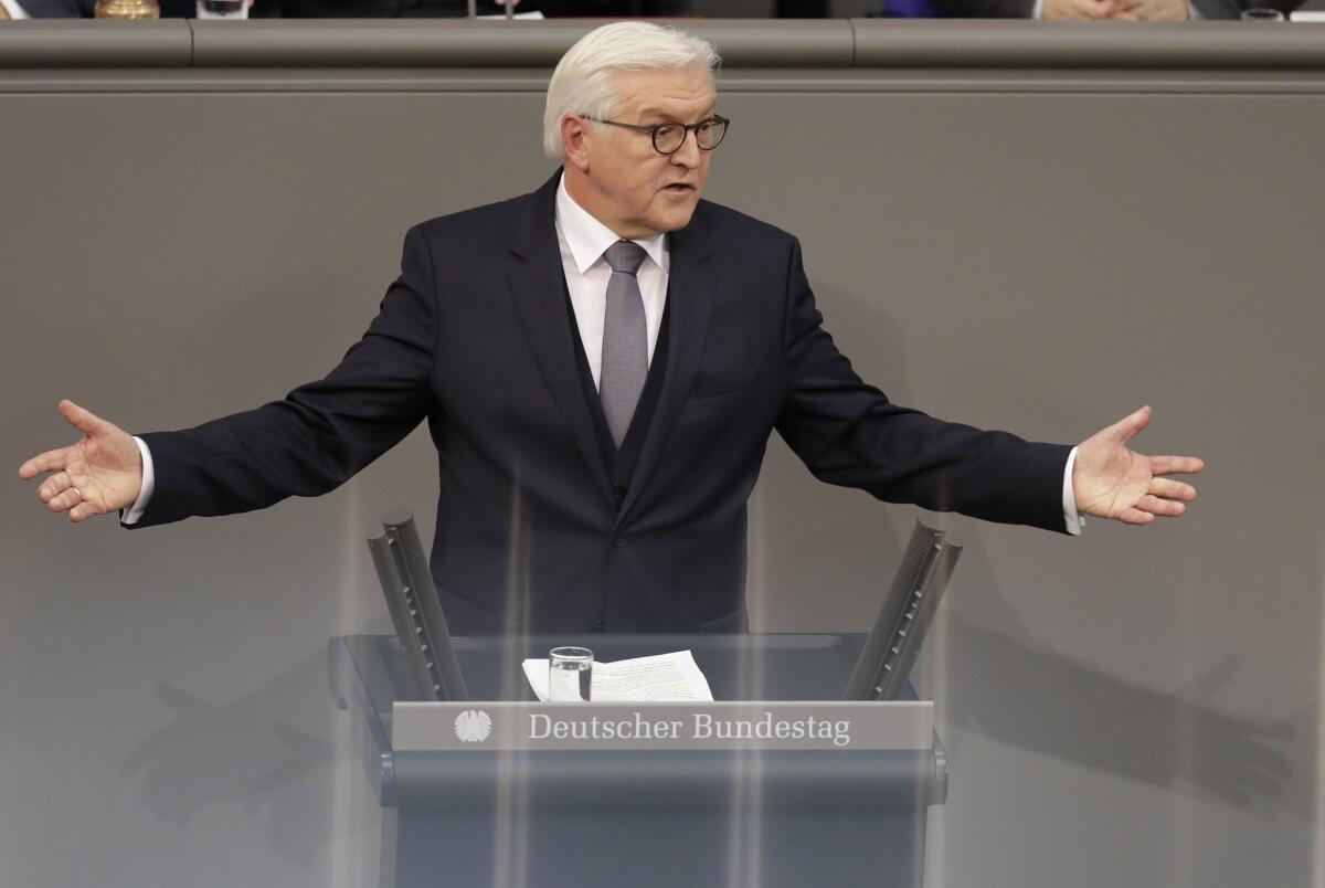 Frank-Walter Steinmeier delivers a speech in Berlin after his election as German president on Sunday.