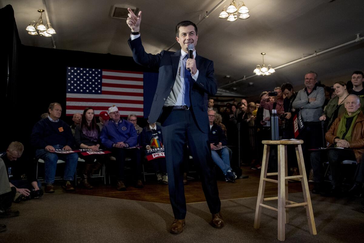 Democratic presidential candidate Pete Buttigieg speaks at a campaign stop at the American Legion hall in Merrimack, N.H., on Thursday.