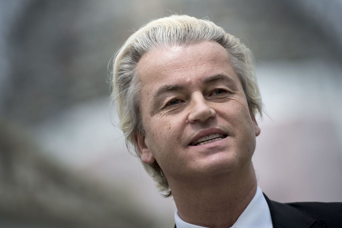 The leader of the Dutch far-right Freedom Party (PVV), Geert Wilders, is seen during a visit to Washington, D.C. in April. Wilders has advocated closing Dutch borders to stop what he has called an "Islamic invasion."
