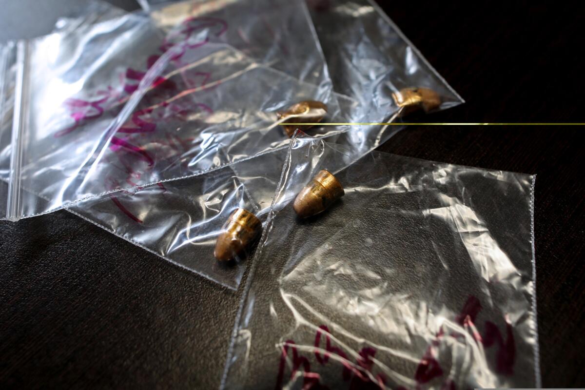Bullets removed from homicide victims are put in labeled bags at the Medical Forensic Service morgue in Tijuana.