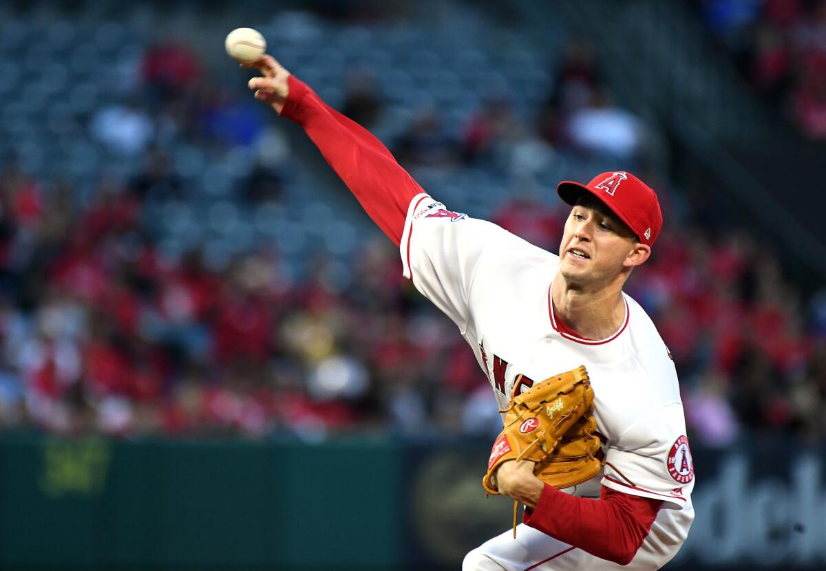 Griffin Canning delivers a pitch against the Blue Jays during a game earlier this season.