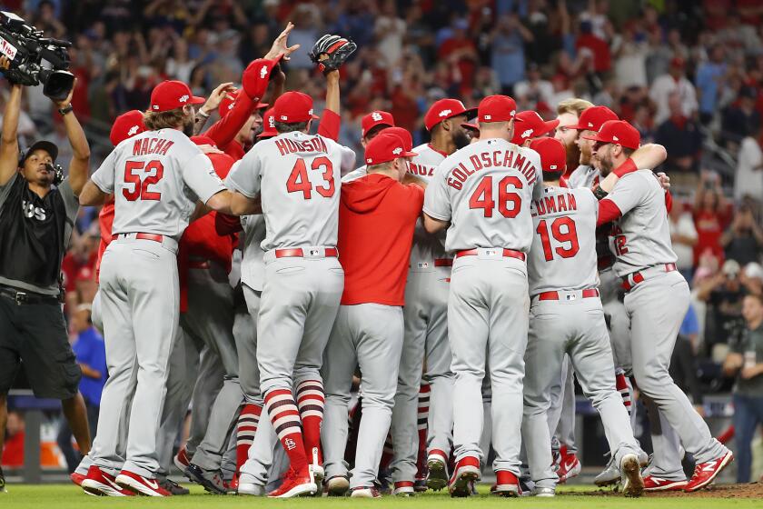 ATLANTA, GEORGIA - OCTOBER 09: The St. Louis Cardinals celebrate their 13-1 win over the Atlanta Braves in game five of the National League Division Series at SunTrust Park on October 09, 2019 in Atlanta, Georgia. (Photo by Todd Kirkland/Getty Images) ** OUTS - ELSENT, FPG, CM - OUTS * NM, PH, VA if sourced by CT, LA or MoD **