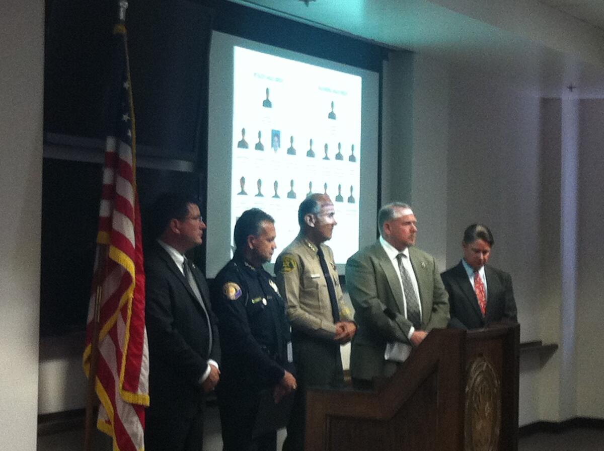 Officials speak at a news conference about Operation Rose Bud, in which two dozen members and associates of a Pasadena-based gang were indicted.