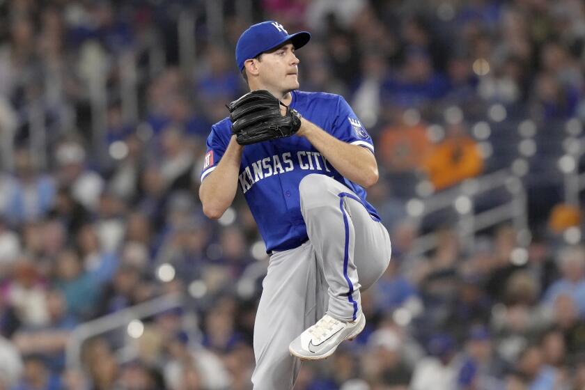 Kansas City Royals pitcher Seth Lugo (67) works against the Toronto Blue Jays during the second inning of a baseball game in Toronto, Wednesday, May 1, 2024. (Chris Young/The Canadian Press via AP)