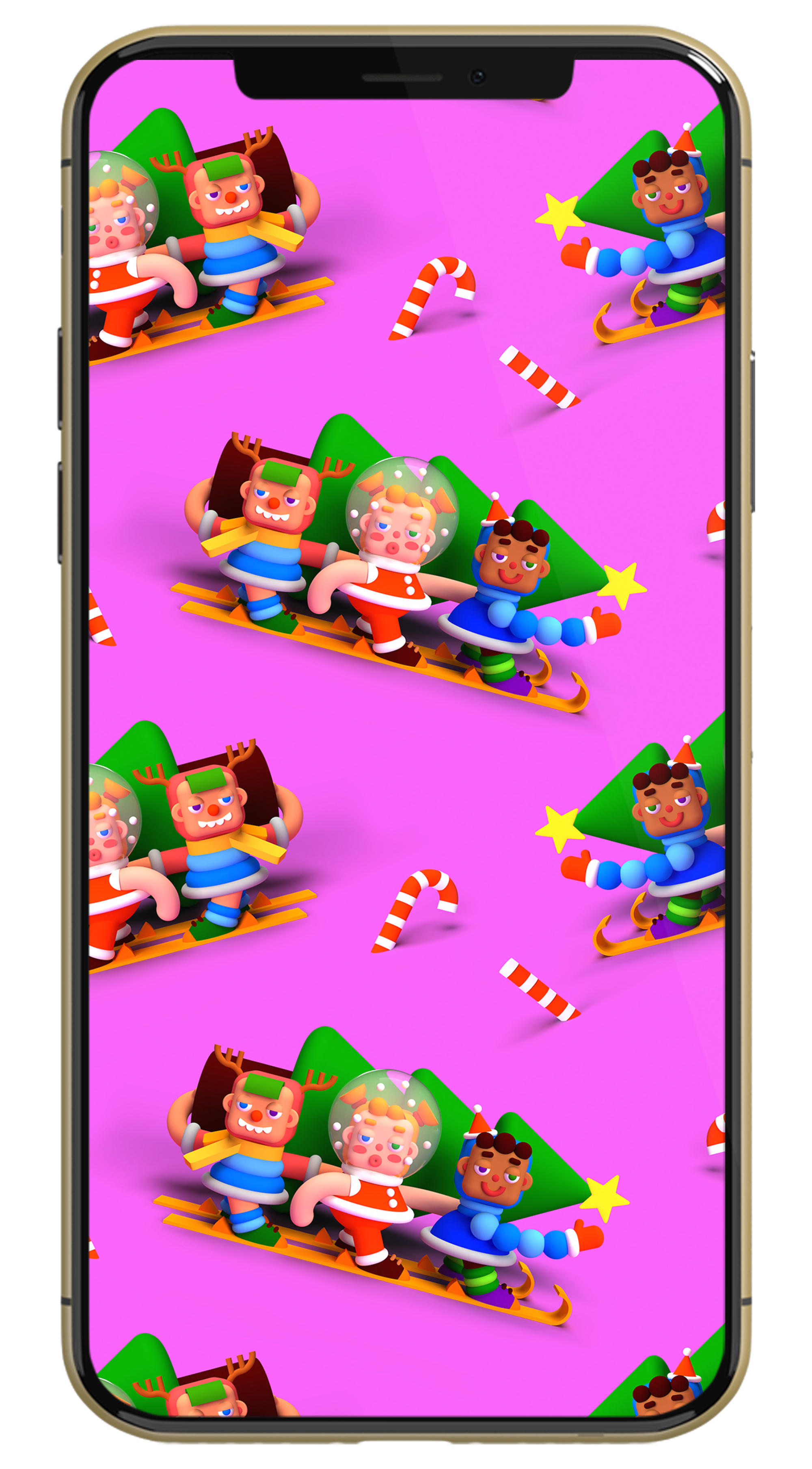 Wallpaper illustration on an Iphone of three 3D characters skiing while carrying a Christmas tree. 