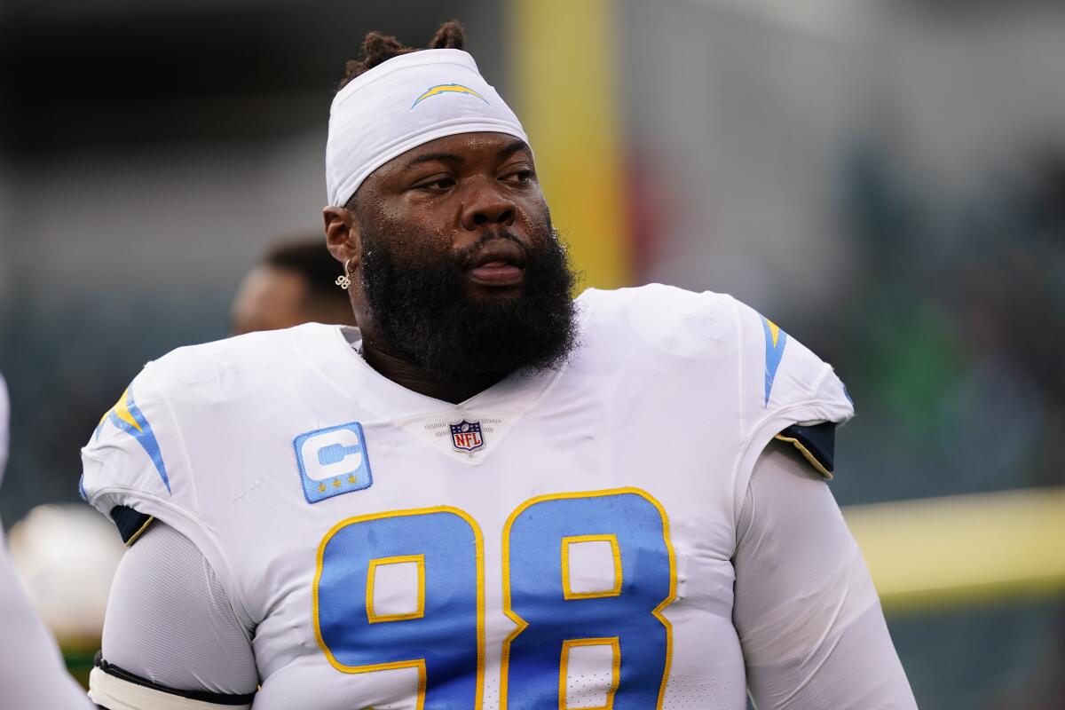 Defensive tackle Linval Joseph stands on the sideline during the Chargers game against the Philadelphia Eagles.