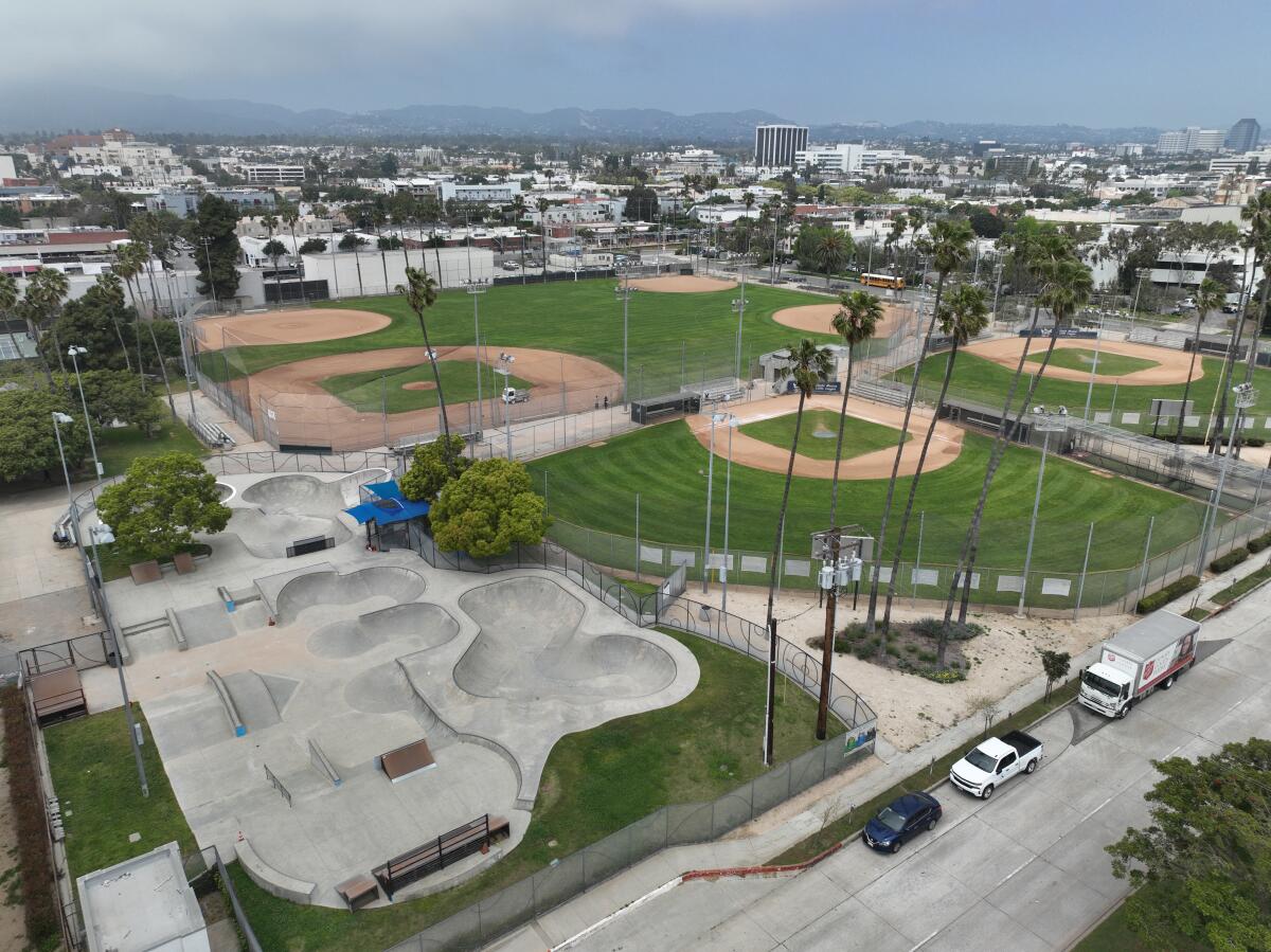 An aerial view of Memorial Park in Santa Monica