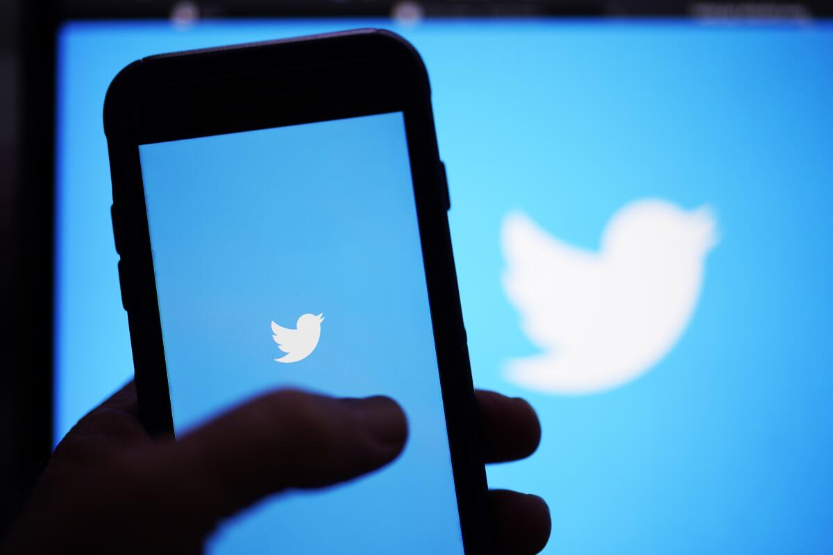 The Twitter application is seen on a digital device held in front of a projection of the company's bird logo.