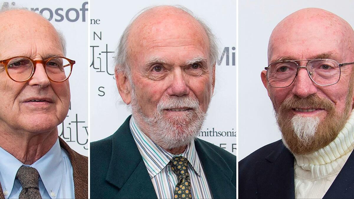 From left, Rainer Weiss, Barry Barish and Kip Thorne, who won the Nobel Prize in physics Prize 2017 for gravitational waves.