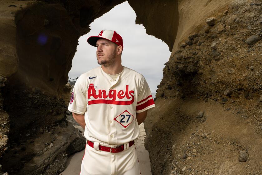 Mike Trout wears one of the Angels’ City Connect uniforms, which are meant to be an homage to surf culture, the beach and the Pacific Ocean.