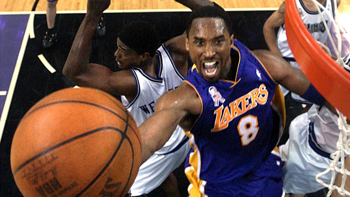 Lakers star Kobe Bryant puts up a shot during Game 1 of the 2002 NBA Western Conference finals against the Sacramento Kings.