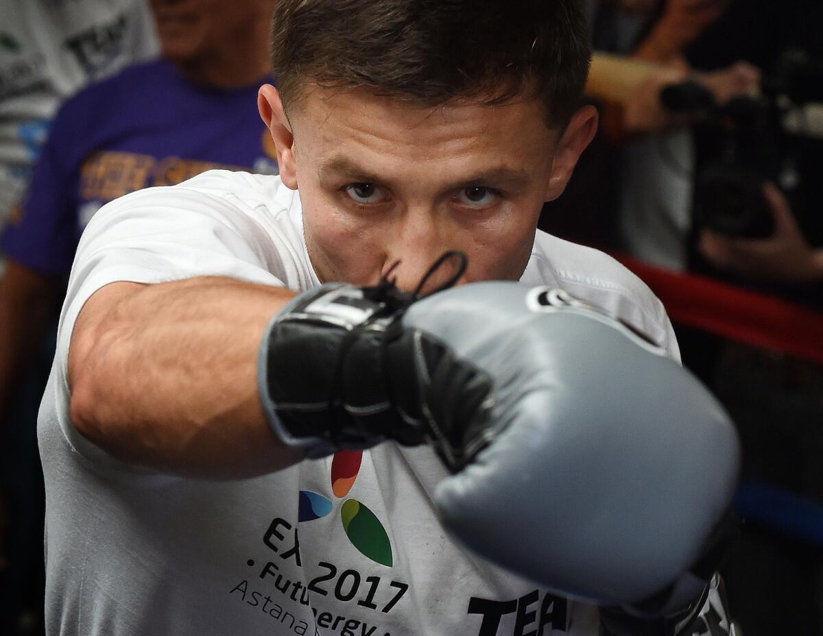 Gennady Golovkin warms up during a workout on May 13 before a middleweight world championship bout against Willie Monroe.