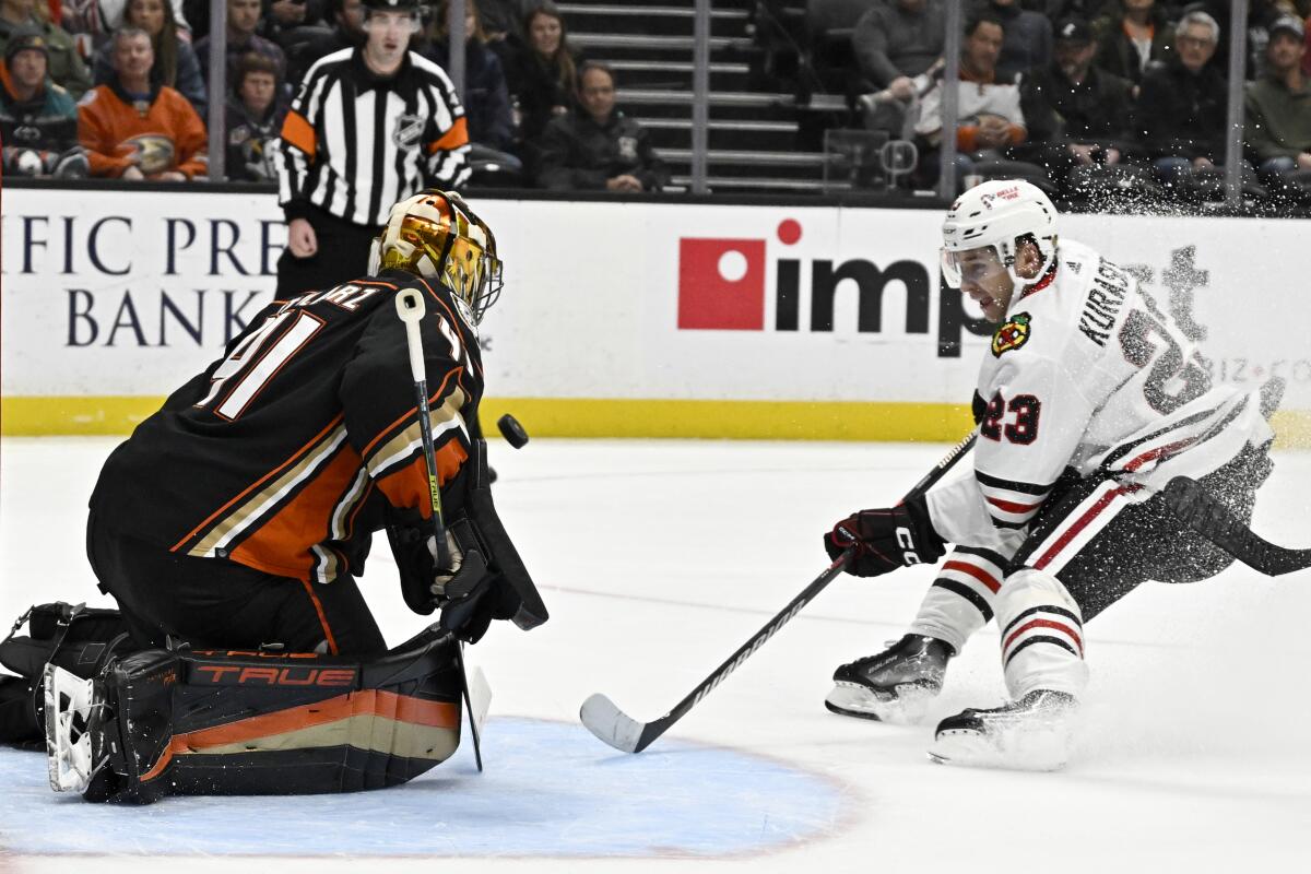 Ducks goaltender Anthony Stolarz stops a shot by Chicago Blackhawks forward Philipp Kurashev during the second period.