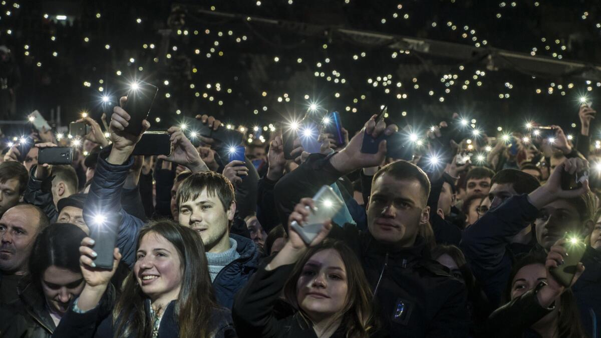 Audience members in Dnipro, Ukraine, at the March 26, 2019, performance of the variety show created and hosted by Ukrainian presidential candidate Volodymyr Zelensky.