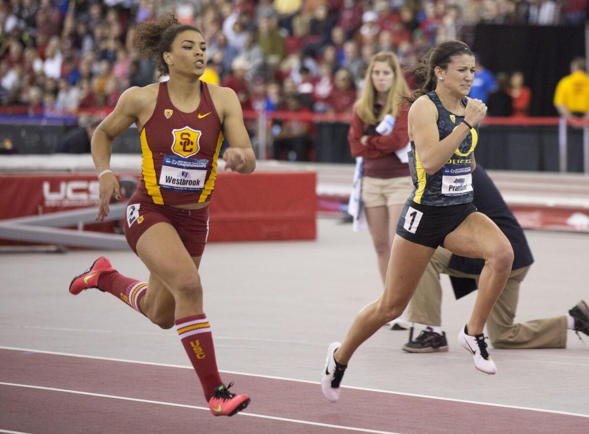 USC's Ky Westbrook, shown during the NCAA indoor track and field national championships back in March, has the nation's fourth-fastest time in the 100 meters this spring.