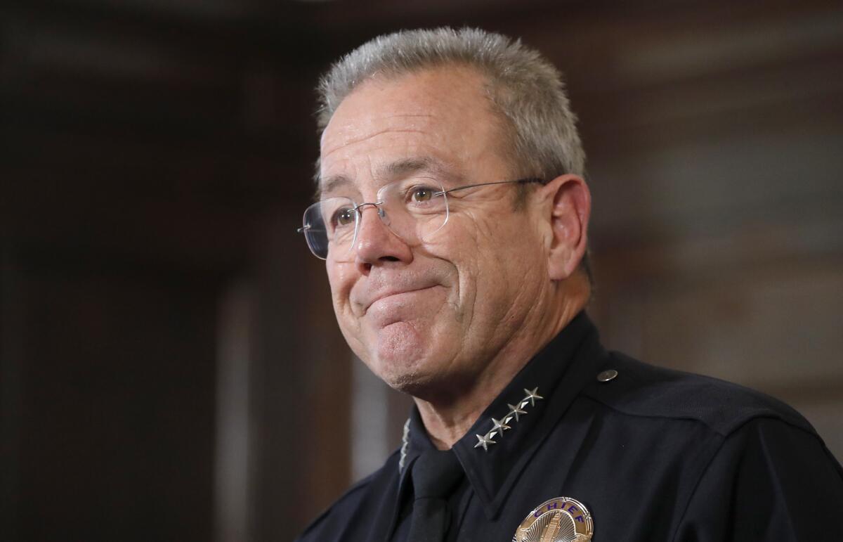 Los Angeles, CA - dLos Angeles Police Department Chief Michel Moore announces his retirement at a press conference.