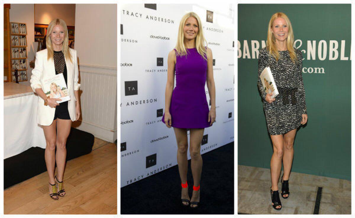 Gwyneth Paltrow shows leg at book signings and events in Los Angeles last week.