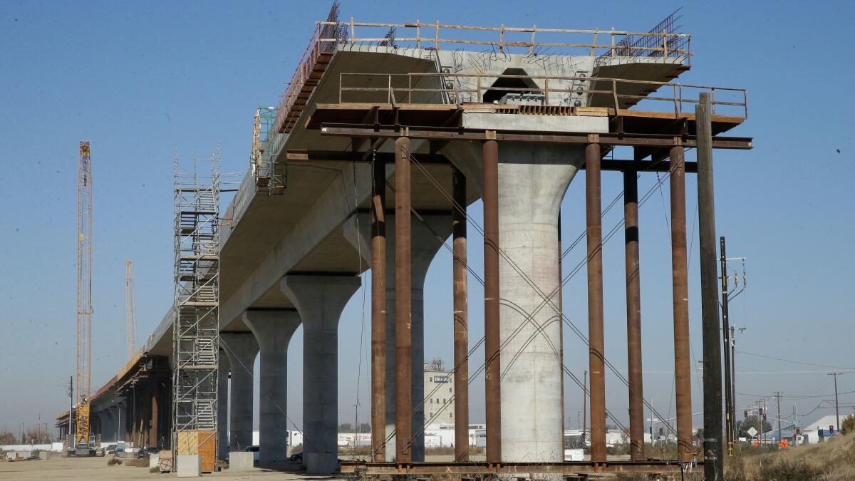 Work continues on one of the elevated sections of the high-speed rail line in Fresno, Calif. on Dec. 6, 2017.