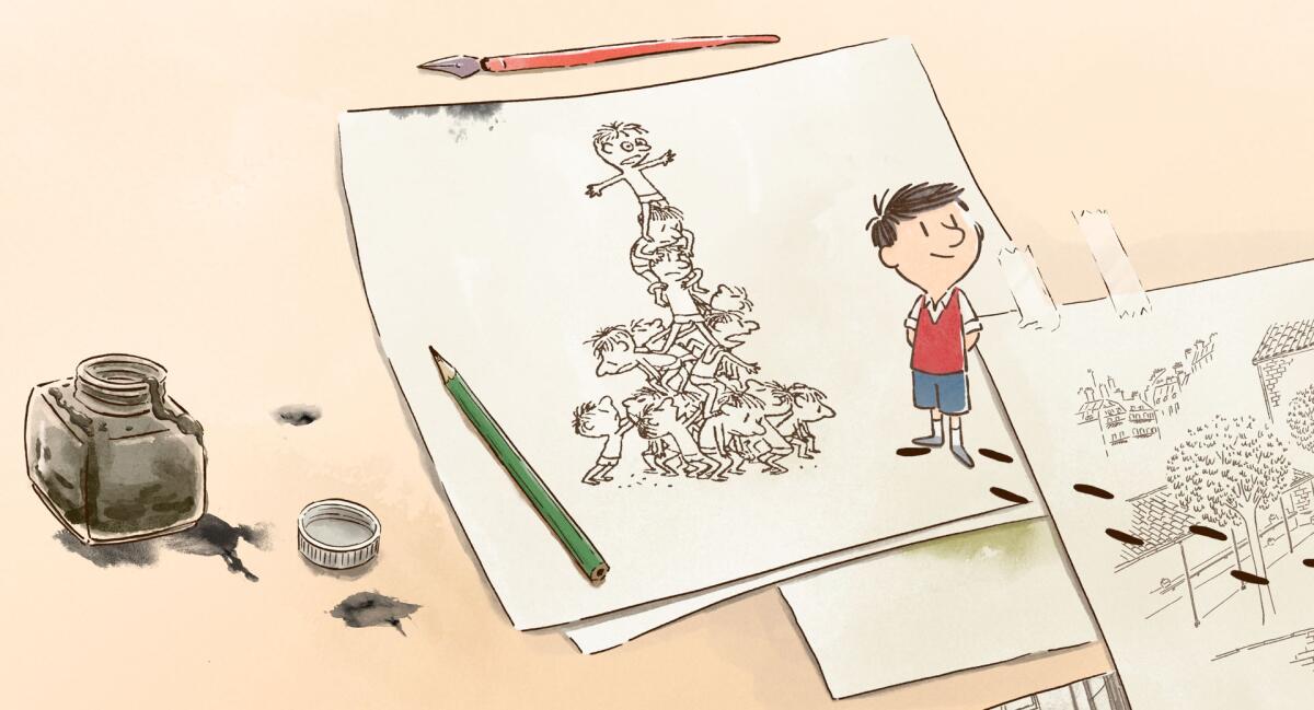 a drawing of a boy come to life standing on pages of illustrations