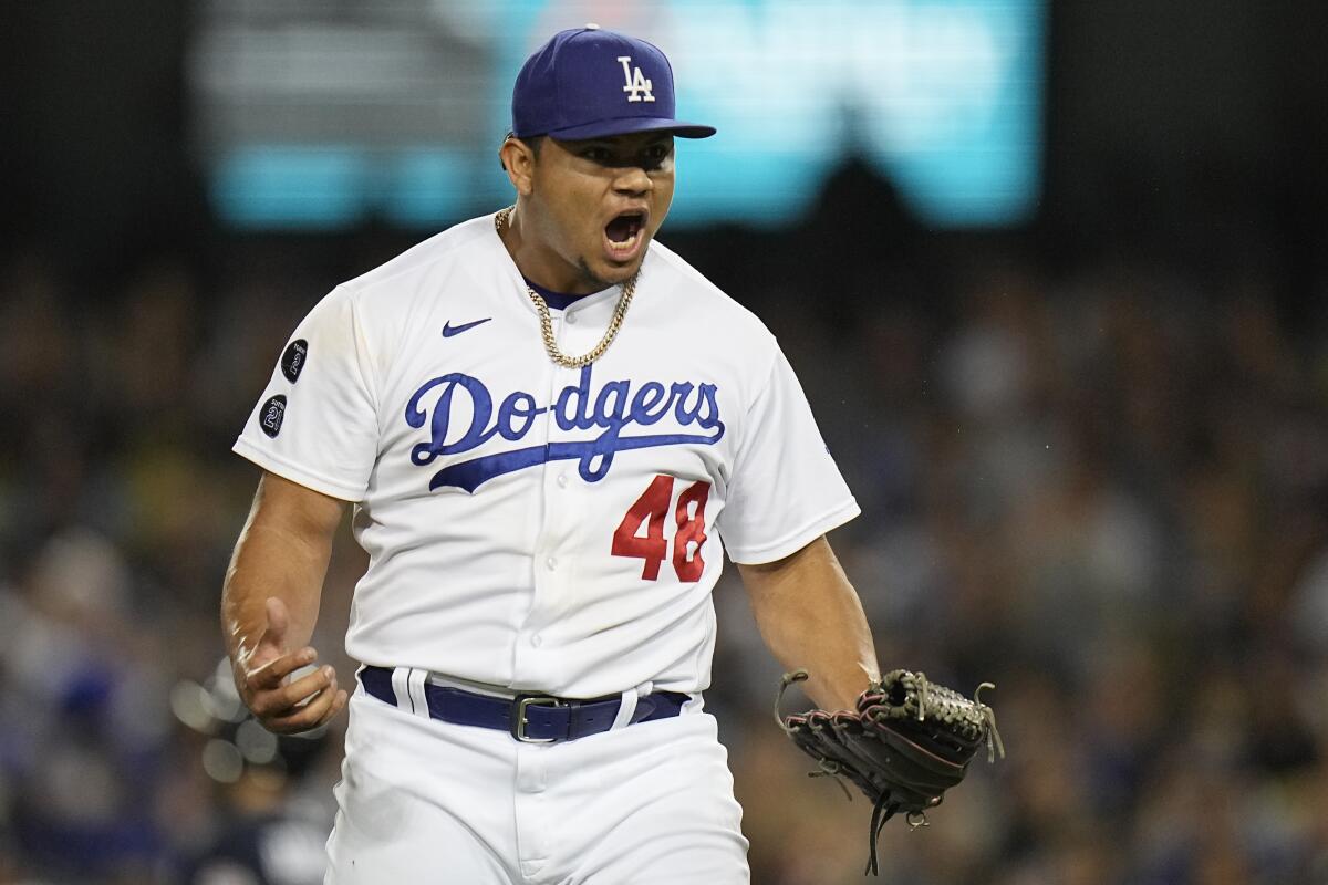 Dodgers reliever Brusdar Graterol celebrates during Game 5 of the NLCS against the Atlanta Braves in October.