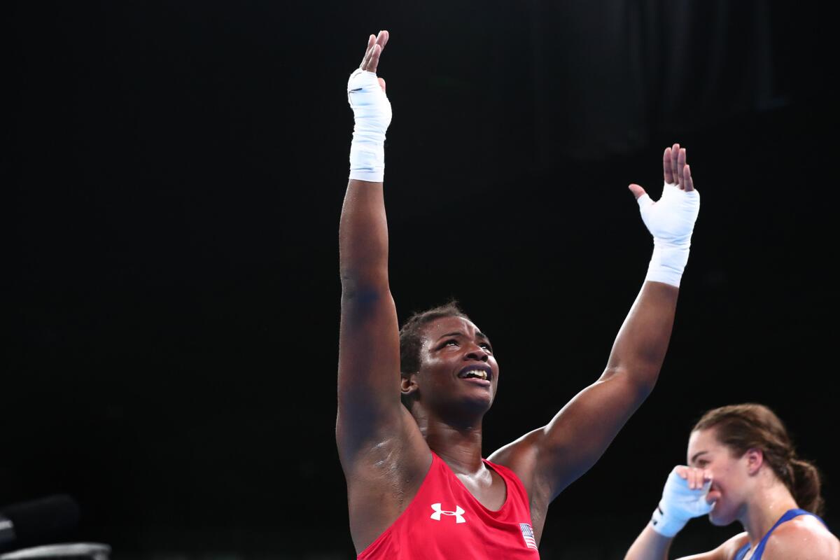 U.S. boxer Claressa Shields celebrates after beating Nouchka Fontijn of the Netherlands in the women's middleweight final.