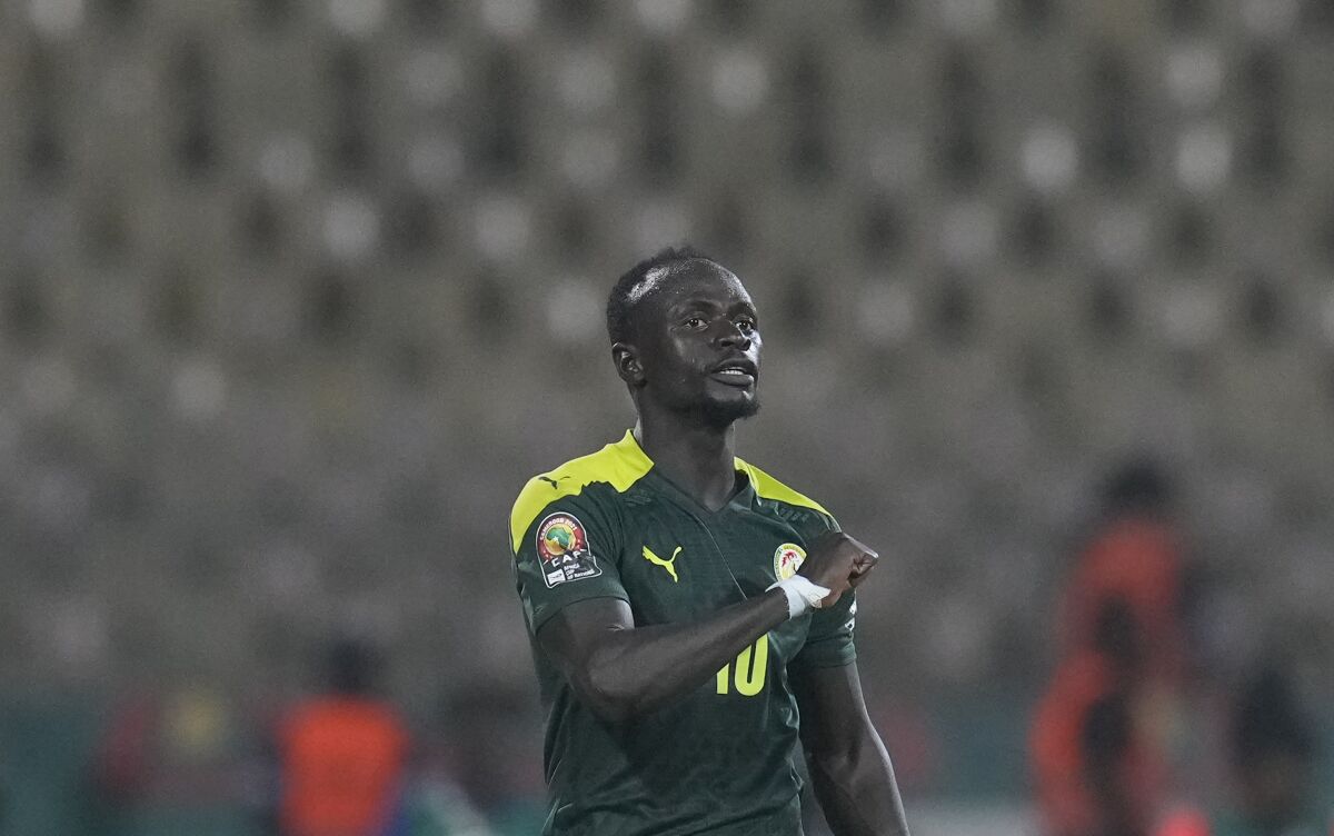 Senegal's Sadio Mane celebrates after scoring a goal during the African Cup of Nations 2022 semi-final soccer match between Burkina Faso and Senegal at the Ahmadou Ahidjo stadium in Yaounde, Cameroon, Wednesday, Feb. 2, 2022. (AP Photo/Themba Hadebe)
