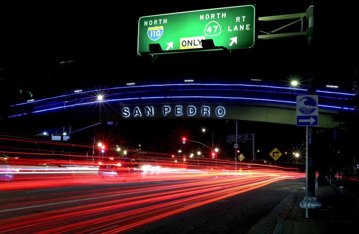 The Gaffey Street offramp of the 110 Freeway bears the neighborhood name "San Pedro"